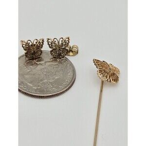 Vintage Wells 12k Gold Filled Earring Studs And Pin Butterfly Filigree Set
